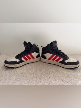 Adidas Kids Hoops High-Top Sneakers in Black, White & Red